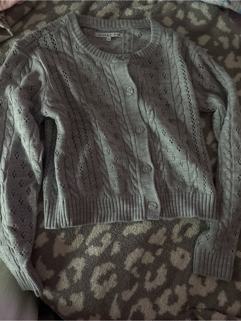 Celebrity Pink Light Gray Openwork Cable Knit Button Cardigan